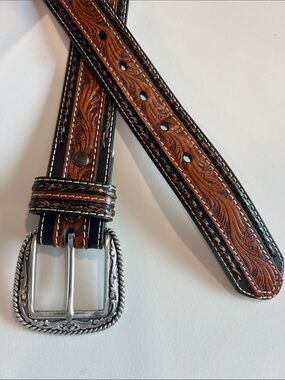 Vintage 2007 Ariat Brown Leather Belt - tooled strap, limited edition buckle, 44